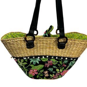 Vera Bradley Straw Beach Tote Bag Black Floral Capri Melon Tie